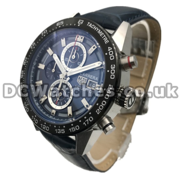 Trendy Blue Dials Tag Heuer Carrera Replica Watches For Men Sale With Blue Crocodile Straps