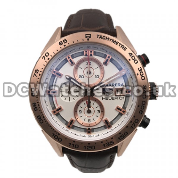 Elegant White Dials Tag Heuer Carrera Fake Male Watches With Rose Gold Steel Cases Sales