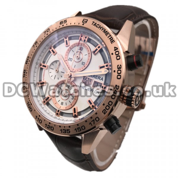 Elegant White Dials Tag Heuer Carrera Fake Male Watches With Rose Gold Steel Cases Sales