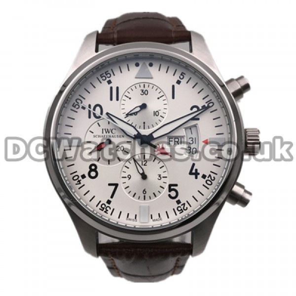 Delicate Black Arabic Numerals Male IWC Pilots Fake Watches Sales With Brown Crocodile Straps