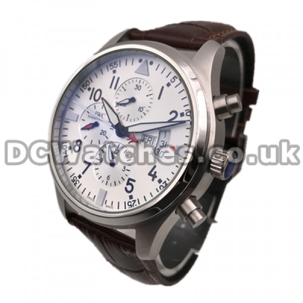 Delicate Black Arabic Numerals Male IWC Pilots Fake Watches Sales With Brown Crocodile Straps