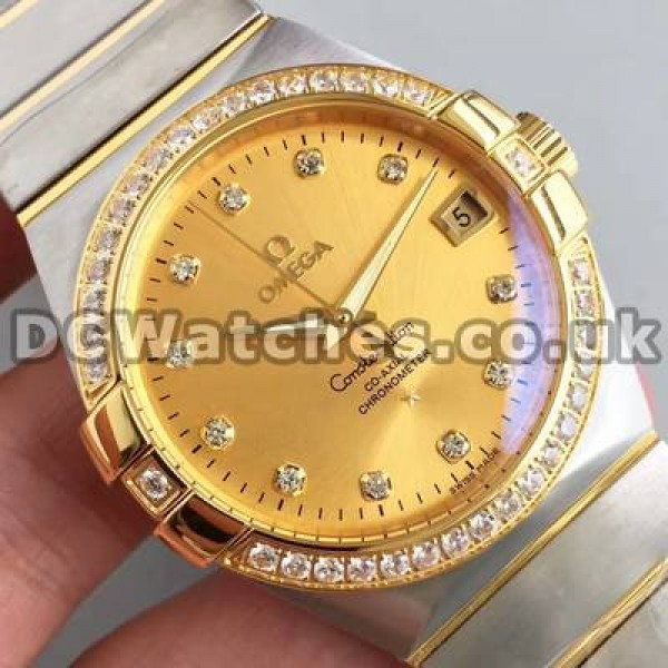 38 MM Perfect Omega Constellation Replica Watches With Golden Dials For Men