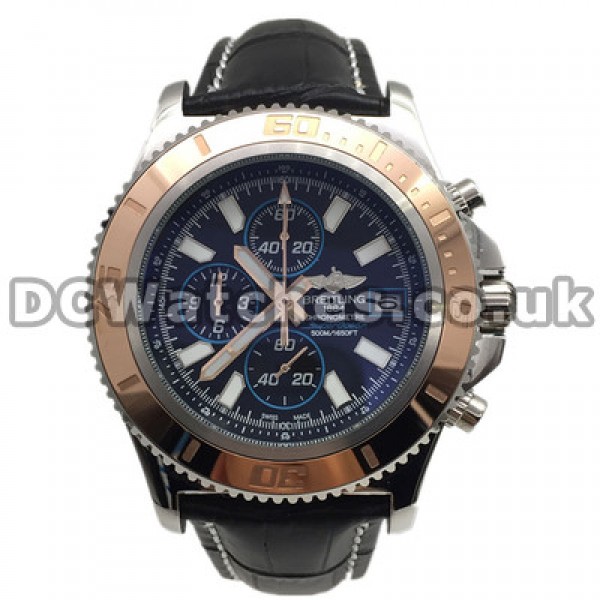 High Swiss Black Dials Breitling SuperOcean Heritage Fake Watches With Black Cowhide Straps