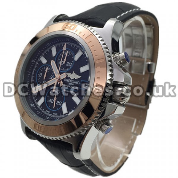 High Swiss Black Dials Breitling SuperOcean Heritage Fake Watches With Black Cowhide Straps