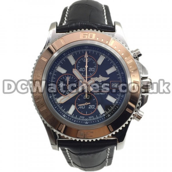 Black Leather Straps Breitling SuperOcean Heritage 44MM Copy Watches With Rose Gold Hands