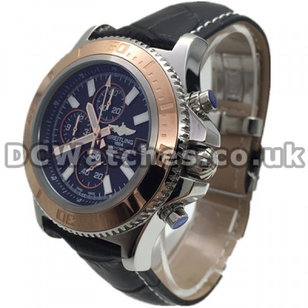 Black Leather Straps Breitling SuperOcean Heritage 44MM Copy Watches With Rose Gold Hands