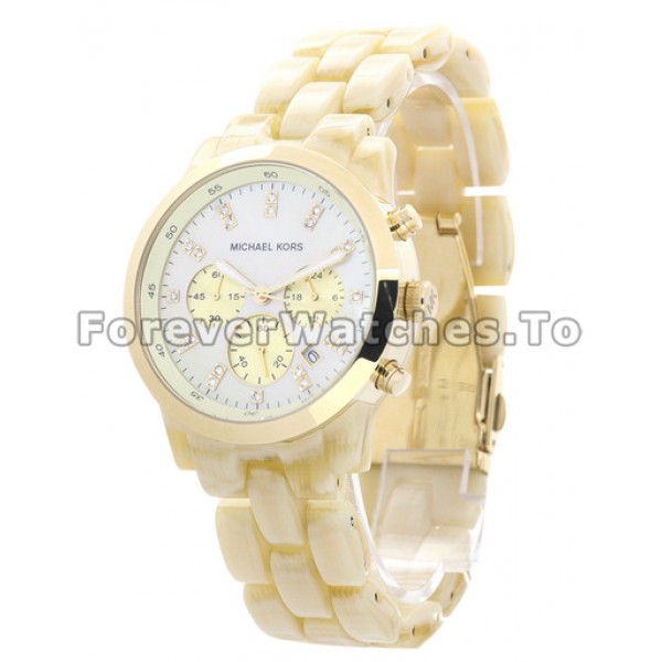 Shiny White Dials And Diamond Hour Markers MICHAEL KORS Copy Watches With Resin Bracelets