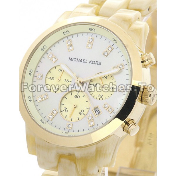 Shiny White Dials And Diamond Hour Markers MICHAEL KORS Copy Watches With Resin Bracelets