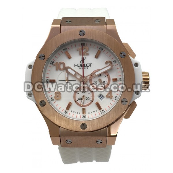 Men Sale Hublot Copy Watches With Rose Gold & Steel Cases And White Rubber Straps