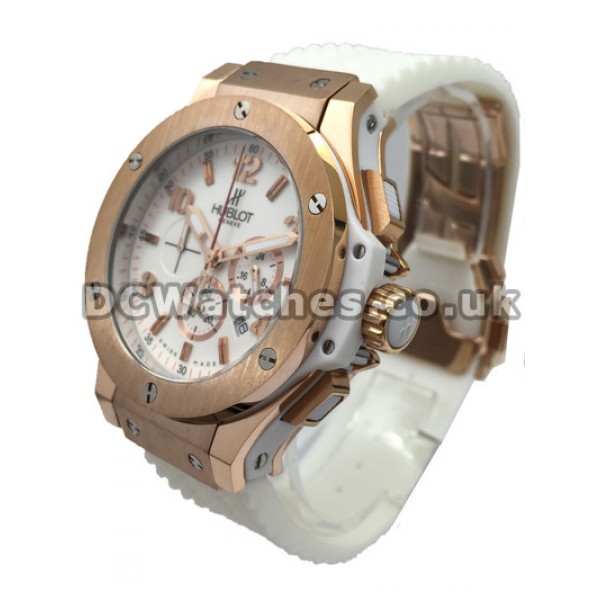 Men Sale Hublot Copy Watches With Rose Gold & Steel Cases And White Rubber Straps