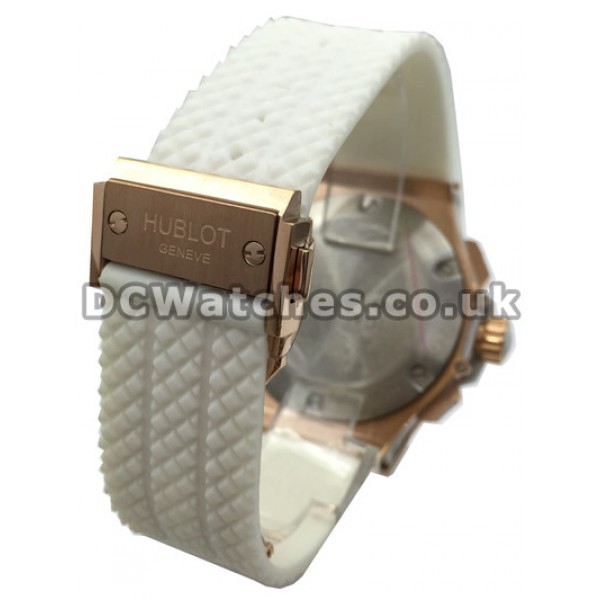 Men Sale Hublot Copy Watches With Rose Gold & Steel Cases And White Rubber Straps