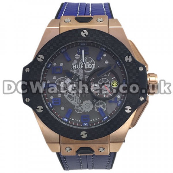 Complex Swiss Black Dials Hublot Replica Watches With Blue Arabic Numerals Hot Sale