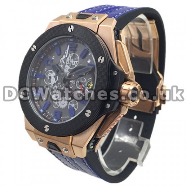 Complex Swiss Black Dials Hublot Replica Watches With Blue Arabic Numerals Hot Sale