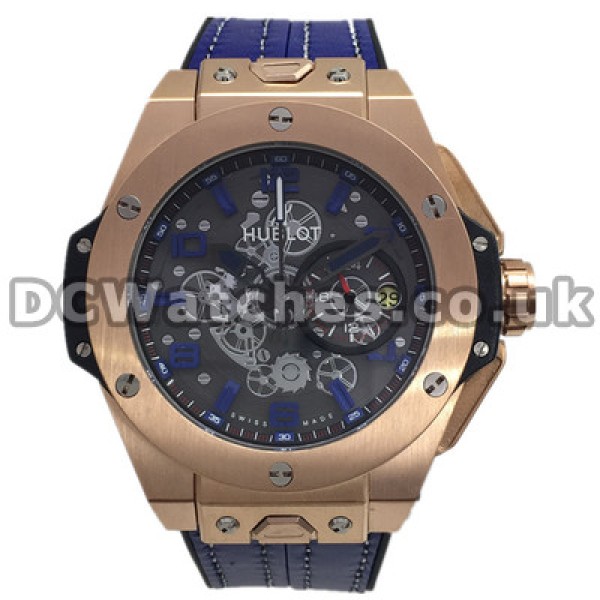 Rose Gold Bezels Hublot Quartz Fake Watches With Black Dials And Blue Arabic Numerals