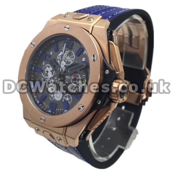 Rose Gold Bezels Hublot Quartz Fake Watches With Black Dials And Blue Arabic Numerals