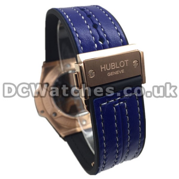 Rose Gold Bezels Hublot Quartz Fake Watches With Black Dials And Blue Arabic Numerals