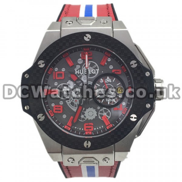 Red And Blue Straps Swiss Hublot Replica Watches With Black Bezels And Steel Cases