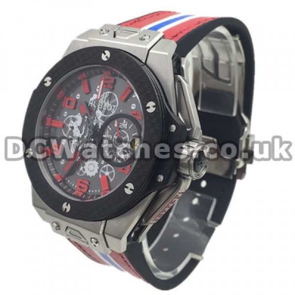 Red And Blue Straps Swiss Hublot Replica Watches With Black Bezels And Steel Cases