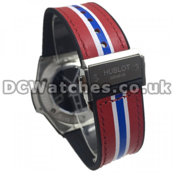 Red And Blue Straps Swiss Hublot Replica Watches With Black Bezels And Steel Cases