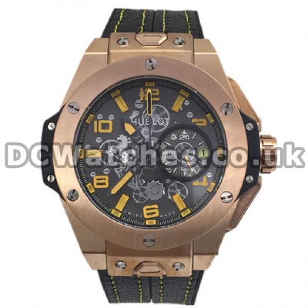 Special Yellow Arabic Numerals Hublot Copy Watches With Black Cowhide Straps Sale For Men