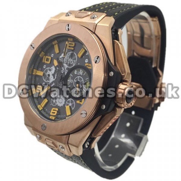 Special Yellow Arabic Numerals Hublot Copy Watches With Black Cowhide Straps Sale For Men
