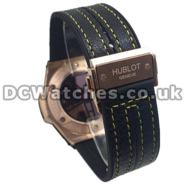 Special Yellow Arabic Numerals Hublot Copy Watches With Black Cowhide Straps Sale For Men