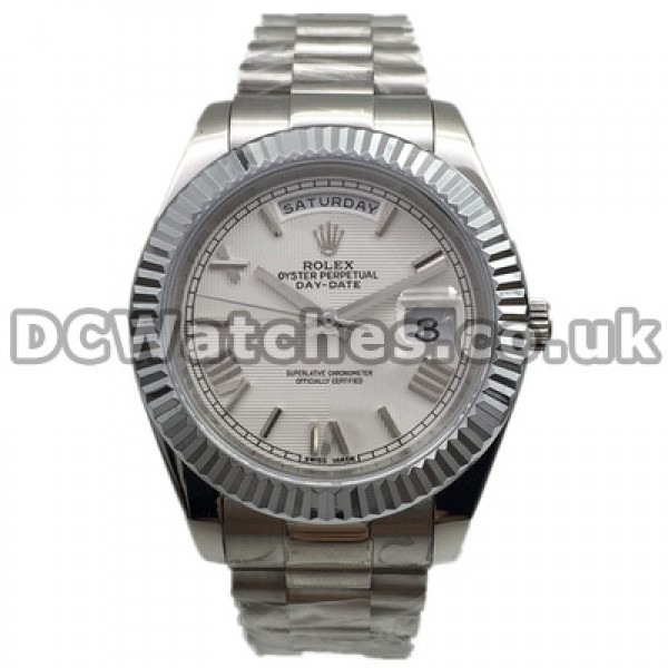 Fluted Steel Bezels Rolex Day-Date II Copy Watches UK With White Dials Sale