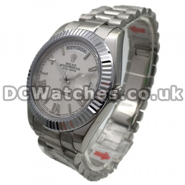 Fluted Steel Bezels Rolex Day-Date II Copy Watches UK With White Dials Sale