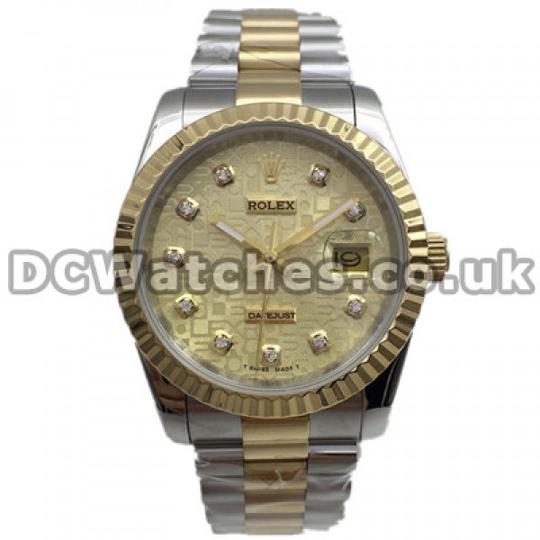 36MM Golden Dials Swiss Rolex Datejust Copy Watches With Diamond Hour Markers