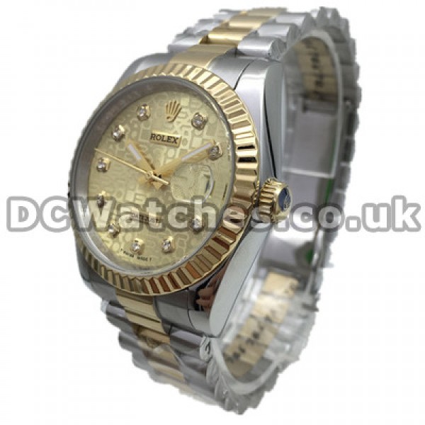36MM Golden Dials Swiss Rolex Datejust Copy Watches With Diamond Hour Markers