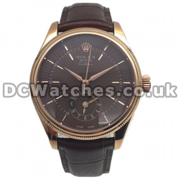 Elegant UK Rolex Cellini Coffee Dials Fake Watches With Brown Alligator Straps Hot Sale