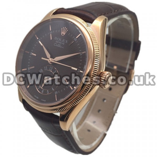 Elegant UK Rolex Cellini Coffee Dials Fake Watches With Brown Alligator Straps Hot Sale
