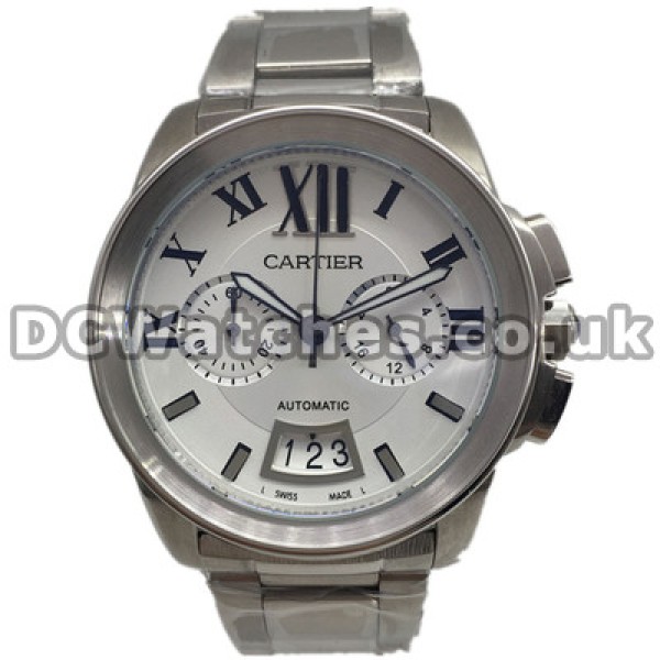 Sturdy Functional Calibre De Cartier Fake Watches For Men With Silver Dials And Black Roman Numerals