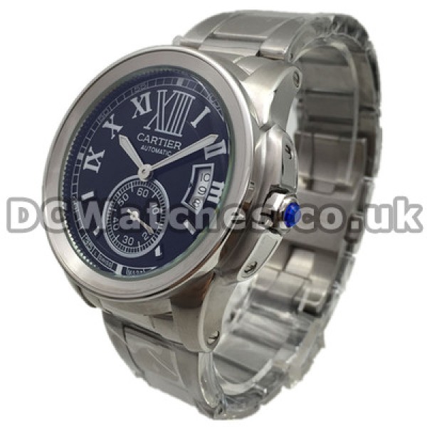 New Black Dials Swiss Calibre De Cartier Copy Watches With Roman Numerals And Silver Hands