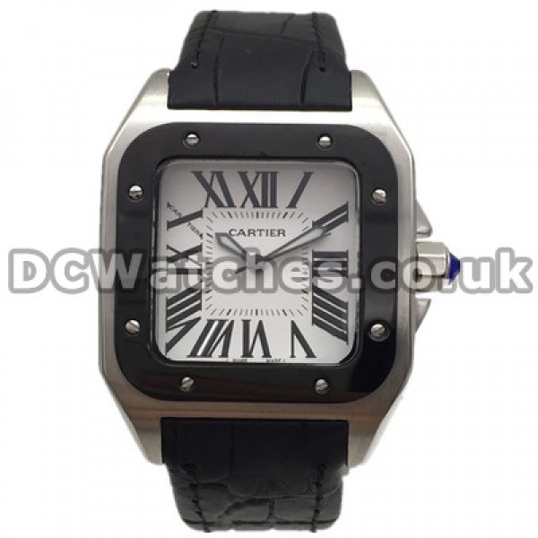 Cool Black Bezels Cartier Santos 100 Fake Watches With 33MM Steel Cases For UK
