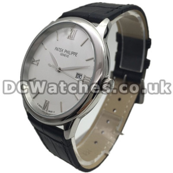 Concise Swiss White Dials Patek Philippe Calatrava Copy Watches With Black Crocodile Straps