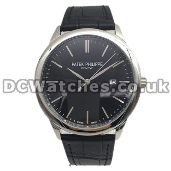 43MM Black Dials Patek Philippe Calatrava Quartz Fake Watches With Black Crocodile Straps