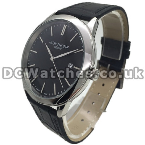 43MM Black Dials Patek Philippe Calatrava Quartz Fake Watches With Black Crocodile Straps