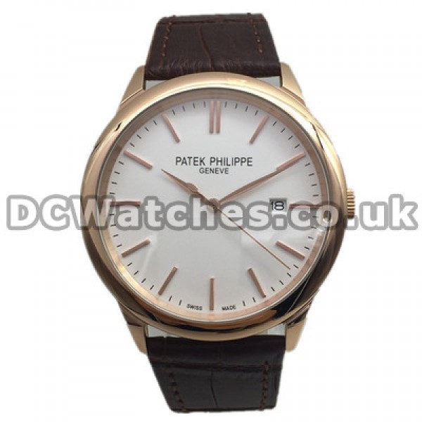 43MM Stripe Rose Gold Indexes Patek Philippe Calatrava Fake Watches With Brown Crocodile Straps
