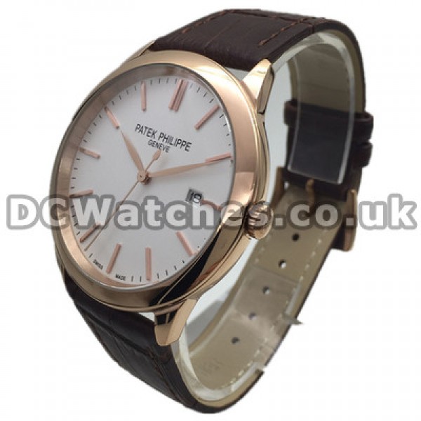 43MM Stripe Rose Gold Indexes Patek Philippe Calatrava Fake Watches With Brown Crocodile Straps