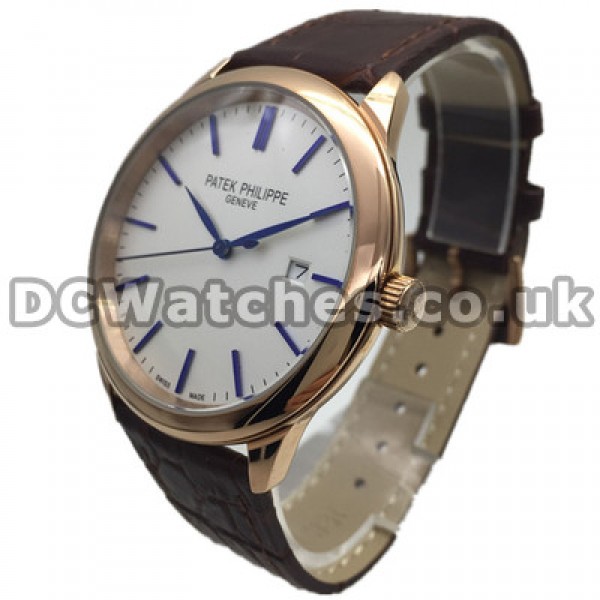 Blue Hands Swiss Patek Philippe Calatrava Copy Watches With White Dials UK Sale