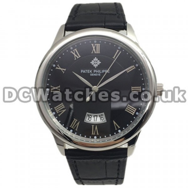 New Male Black Dials Patek Philippe Calatrava Copy Watches With Silver Roman Numerals UK
