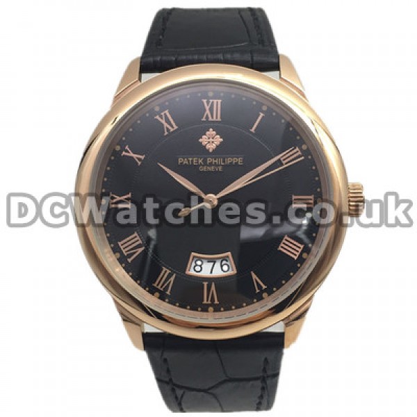 Black Dials Patek Philippe Calatrava Fake Watches For Men With Rose Gold Steel Cases