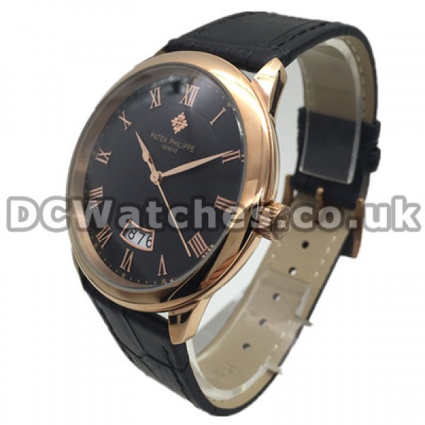 Black Dials Patek Philippe Calatrava Fake Watches For Men With Rose Gold Steel Cases