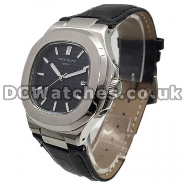 Black Leather Straps Swiss Patek Philippe Nautilus Copy Watches With 40MM Quartz Movements
