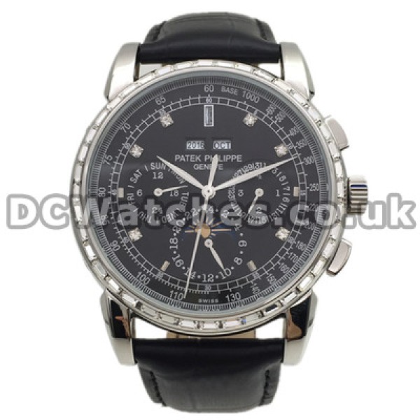 Functional Swiss Male 45MM Patek Philippe Complicated Fake Watches With Black Dials And Diamond Indexes