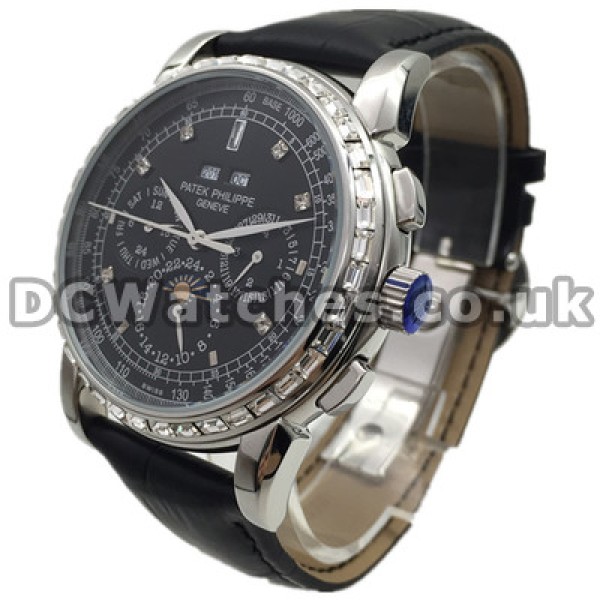 Functional Swiss Male 45MM Patek Philippe Complicated Fake Watches With Black Dials And Diamond Indexes
