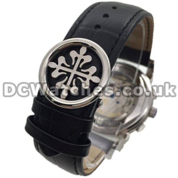 Functional Swiss Male 45MM Patek Philippe Complicated Fake Watches With Black Dials And Diamond Indexes