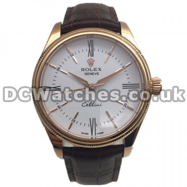 Classic Black Roman Numerals Rolex Cellini Fake Watches With 39MM Rose Gold Steel Cases