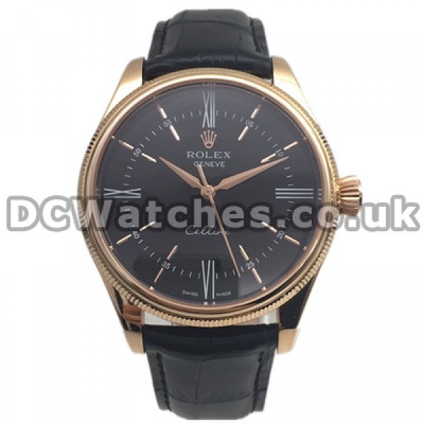 Popular Male Automatic Rolex Cellini Copy Watches With Black Dials And Rose Gold Steel Cases